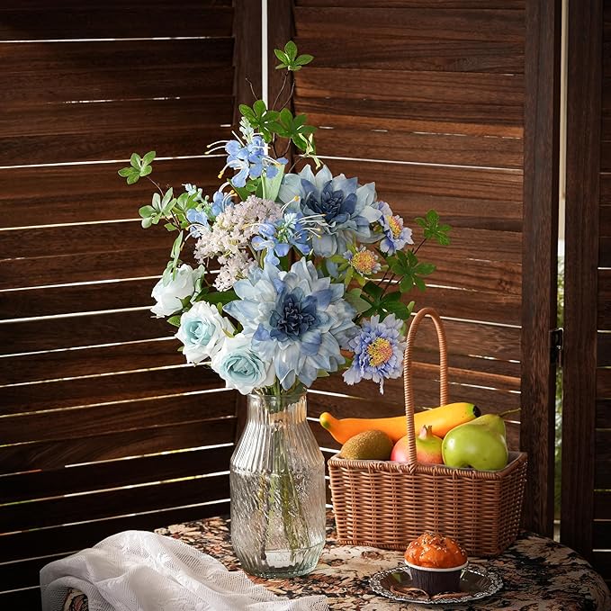 Artificial Flowers in Vase Centerpiece – Blue Dahlia & Rose Arrangement, Coastal Style Faux Floral Table Decorations for Coffee Table, Dining Room, Living Room, Bathroom & Beach House Home Decor
