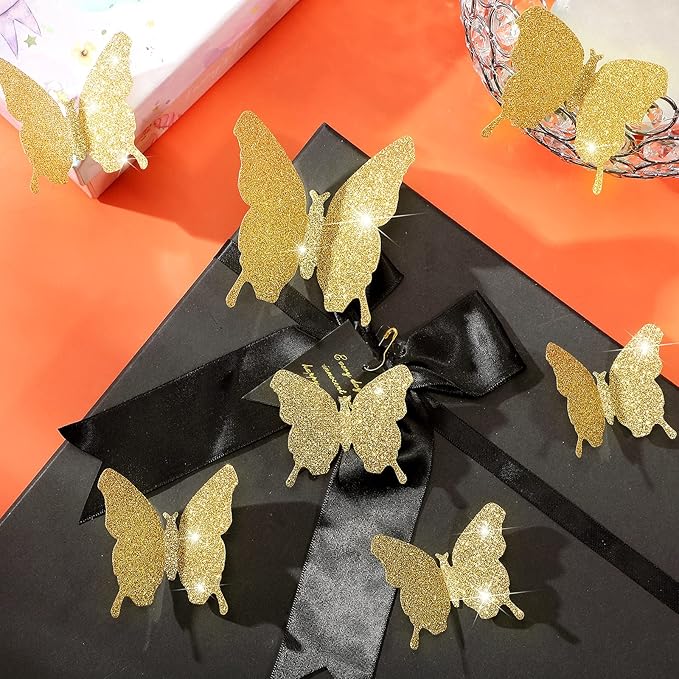 BBTO 48 Pieces Butterfly Wall Decor DIY 3D Mirror Butterfly Stickers Removable Decals Crafts for Birthday Party Bedroom School Bathroom Living Room Decor(Glitter Gold)