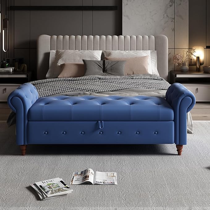 Aoowow Rolled Arm Storage Benches for Bedroom End of Bed Ottoman Bench 63" Long Bench with Storage and Seating for Living Room,Entryway,Window,Button Tufted with Solid Wood Legs (Linen Navy Blue)