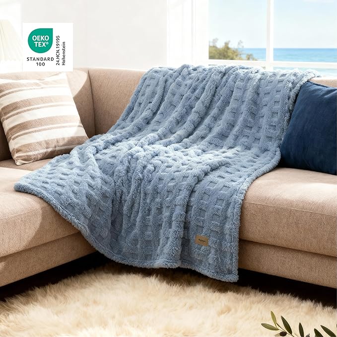 Bedsure Waffle Throw Blanket for Couch - Ashley Blue GentleSoft Fluffy Checkered Blanket for Sofa Bed Room Decor, Super Cozy Fleece Throw for Women, Warm Cute All Season Gift, 50x60 Inches