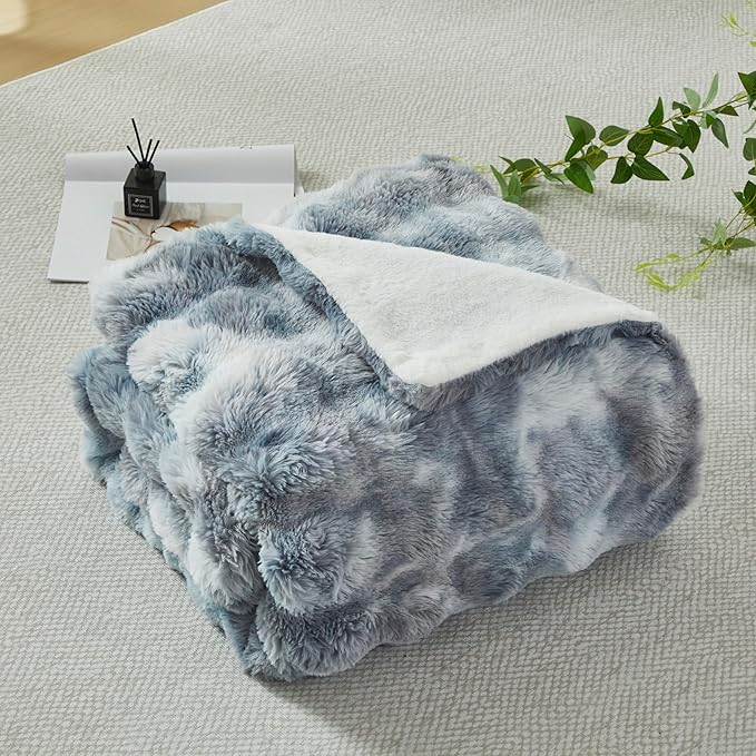 Faux Fur Throw Blanket for Couch Cozy Fuzzy Soft Plush Thick Fluffy Fleece Bubble Blanket for Sofa Bedroom Living Room, 63x79 Inches Tie-Dye Silver Gray
