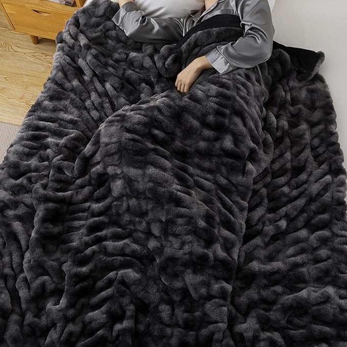 WDCOZY Ruched Faux Fur Throw Blanket Soft Cozy Fluffy Luxurious Blankets Couch Bed Sofa Chair Home Decor Warm Furry Fall Winter Plush Rabbit Fur Bubble Blanket 50" x 60", Charcoal Gray Dark Grey