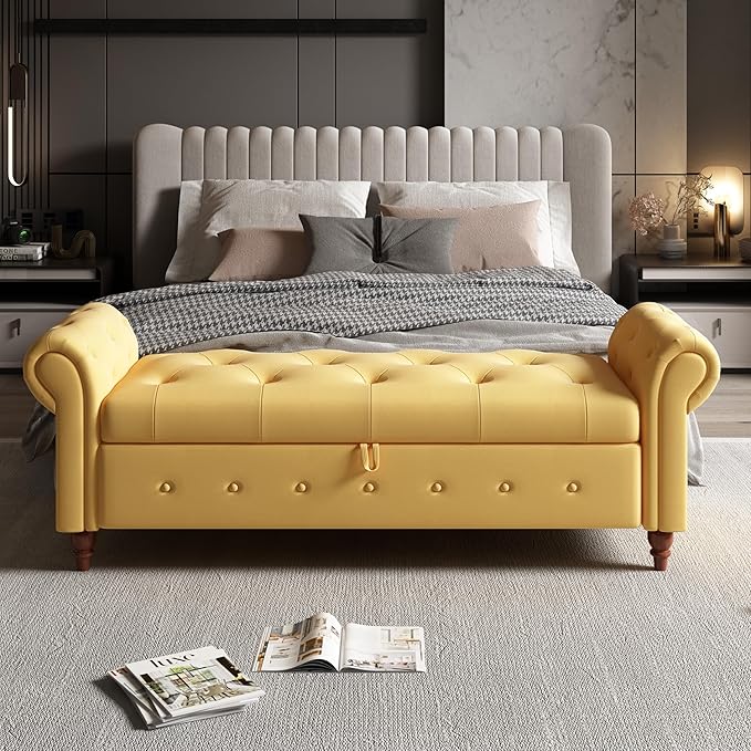 Aoowow Rolled Arm Storage Benches for Bedroom End of Bed Ottoman Bench 63" Long Bench with Storage and Seating for Living Room,Entryway,Window,Button Tufted with Solid Wood Legs (Linen Yellow)