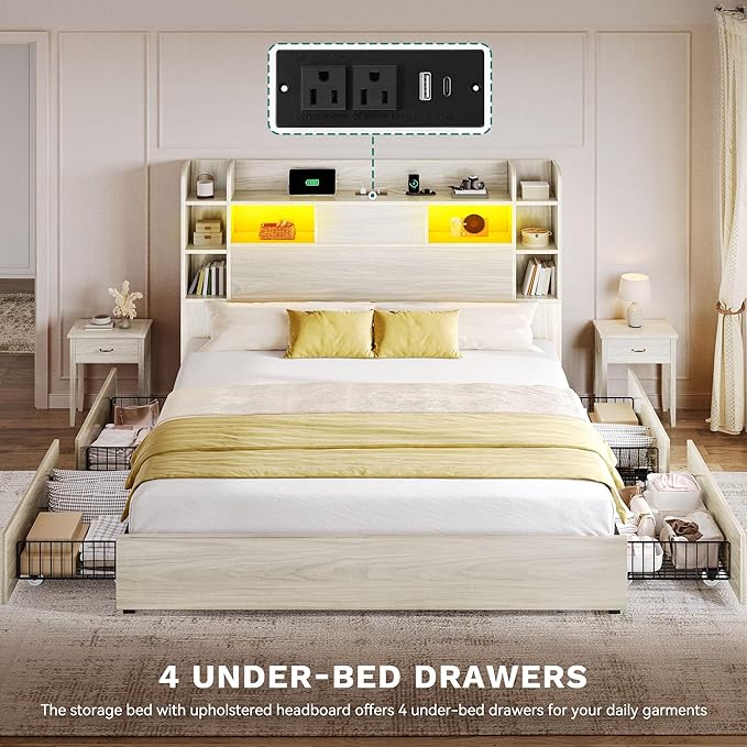 DWVO Queen Size Bed Frame with Bookcase Headboard and 4 Storage Drawers, RGB LED Bed Frame with Type-C & USB Charging Station Storage Headboard Bed, No Box Spring Needed, Noise Free, Antique White