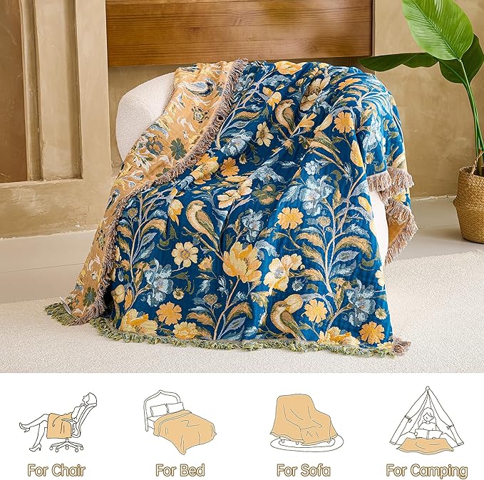 Boho Throw Blanket King, 100% Organic Cotton Breathable Ultra Soft 91" x 98" Bed Quilt Throw - All Season Floral Rustic Farmhouse Decor Reversible Blanket for Sofa Couch Chair and Gift
