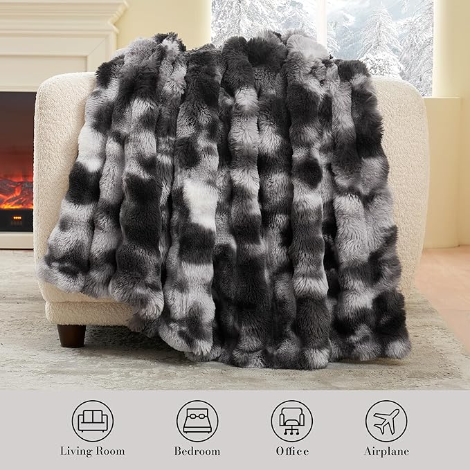 Amélie Home Faux Fur Throw Blanket, Ultra Soft Fuzzy Plush Bubble Blanket for Couch, Bed & Living Room, 60"x80", Tie-dye Black