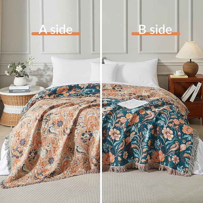 Boho Throw Blanket for Bed 80”x90”, 100% Cotton Woven Blanket for Couch Sofa, Ultra Soft 4-Layer Muslin Quilt with Floral Printed, Farmhouse Bed Blanket/Cover for Living Room Decor