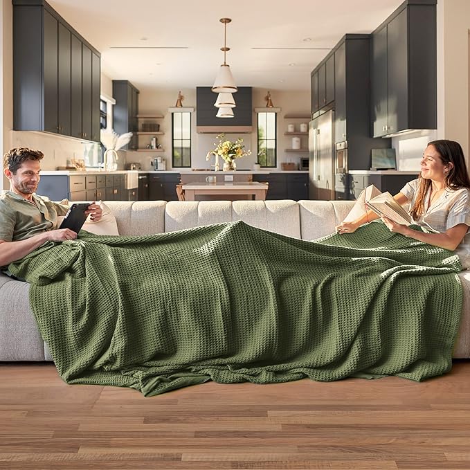 Bedsure Gentlesoft 100% Cotton Blanket Twin XL Size for College Dorm - Breathable and Soft for Spring Summer, Waffle Weave Twin Blanket for Bed, Dorm Room Essentials, Olive Green, 66x90 inches