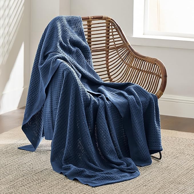 Bedsure Gentlesoft 100% Cotton Throw Blanket for Couch 50x70 inches - Cooling Breathable and Soft for Spring Summer, Waffle Weave Throw Blanket for Office, Navy