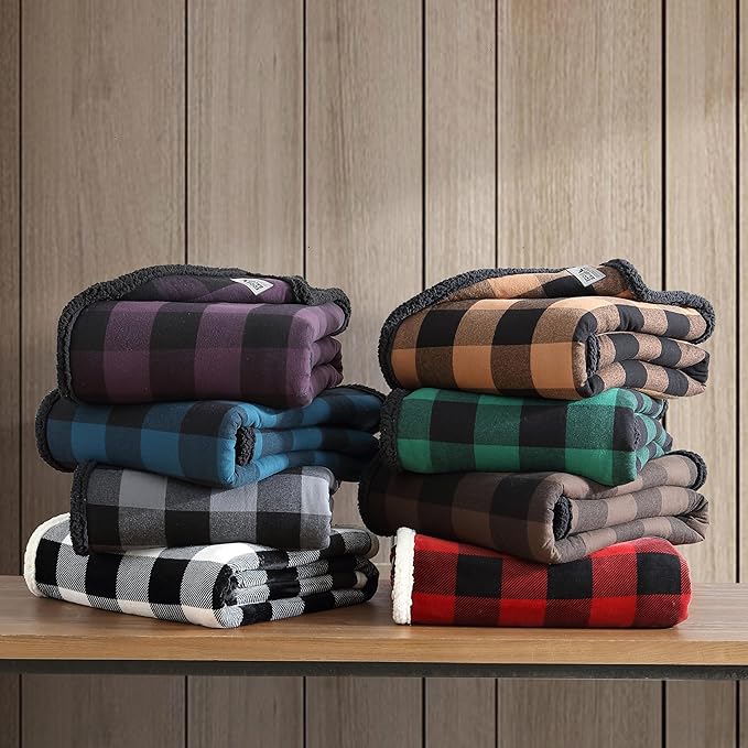Eddie Bauer - Throw Blanket, Brushed Fleece & Plush Sherpa Soft Blanket, Throw Blanket for Couch & Bed (Cabin Plaid Purple, 50" x 60")