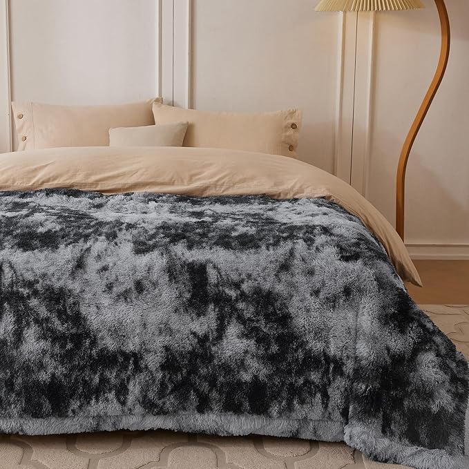 COOVA Ultra Soft Faux Fur Twin Blanket – Fuzzy Fluffy Cozy Microfiber Blankets, Warm Thick Plush Sherpa Fleece Throw Blanket for Couch,Bed,Sofa,Ideal Gift for Women.(Tie Dye Grey, 60"x80")