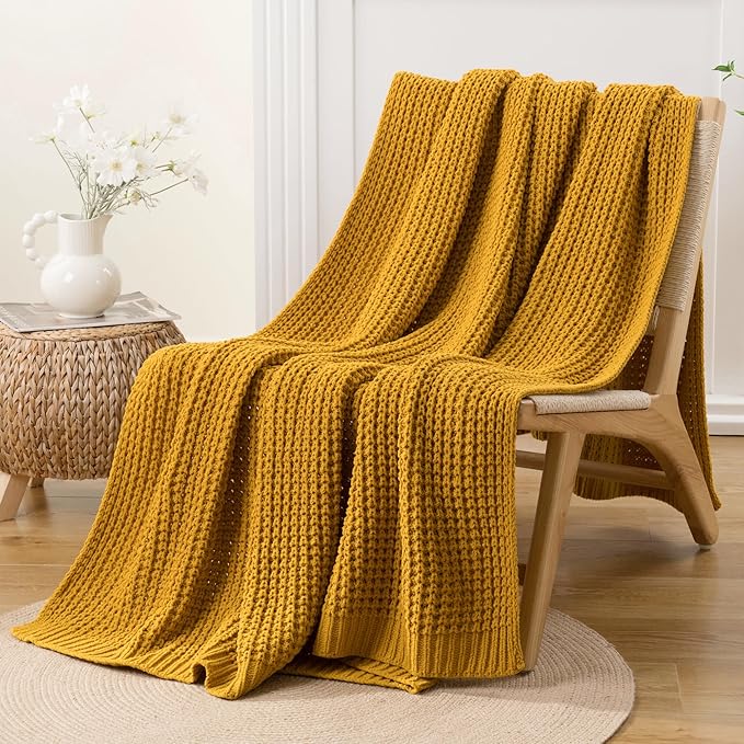 Bunnikins & Clover Knitted Waffle Throw Blanket 50x60 Inches, Mustard Yellow Throw Blanket for Couch, Soft Cozy Chenille Knit Blanket Warm Decorative Throw for Sofa