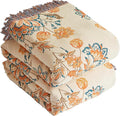 Boho Throw Blanket for Bed 90”x98”, 100% Cotton Woven Blanket for Couch Sofa, Ultra Soft 4-Layer Muslin Quilt with Floral Printed, Farmhouse Bed Blanket/Cover for Living Room Decor