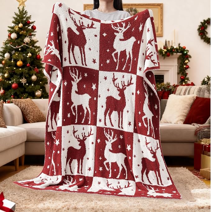 WRENSONGE Christmas Throw Blanket, Red Deer Pattern, Soft Cozy Fluffy Warm Throw Blankets for Couch, Sofa, Chair, Bed, Camping, Picnic, Travel Lightweight Bed Blanket - 50"*60"
