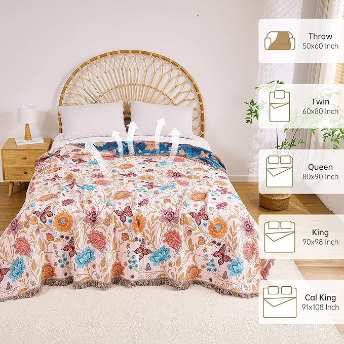 Boho Throw Blanket, 100% Organic Cotton Breathable Ultra Soft 80" x 90" Bed Quilt Throw - All Season Floral Rustic Farmhouse Decor Luxury Reversible Blanket for Sofa Couch Chair and Gift
