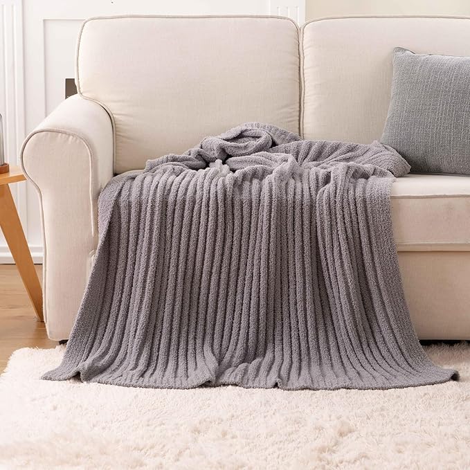BATTILO Throw Blanket for Couch, Fluffy Soft Plush Grey Chenille Blankets, Cozy Warm Lightweight Blanket for Bed, Sofa, Light Gray, 50"x60"
