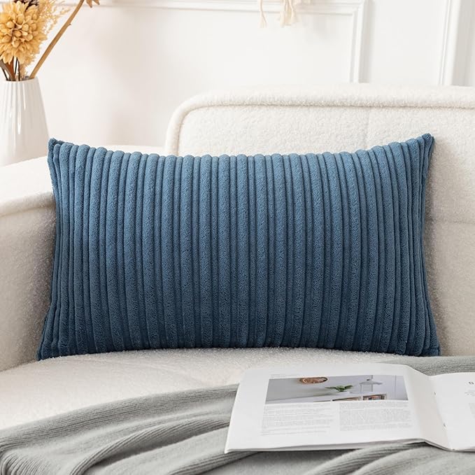 UGASA 14x24 Inch Pillow Cover Pack of 1 Soft Boho Stripe Corduroy Long Rectangular Lumbar Cushion Cover Farmhouse Decorative Throw Pillowcase for Bed, Couch, Sofa, Bedroom, Living Room, Dusty Blue