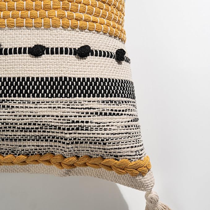 BlissBlush Boho Decorative Throw Pillow Cover 22x22 Square Yellow Mustard Accent Pillowcase Tassels Farmhouse Cushion for Couch Sofa Bedroom Living Room Home Décor Cover ONLY (Pack of 1)