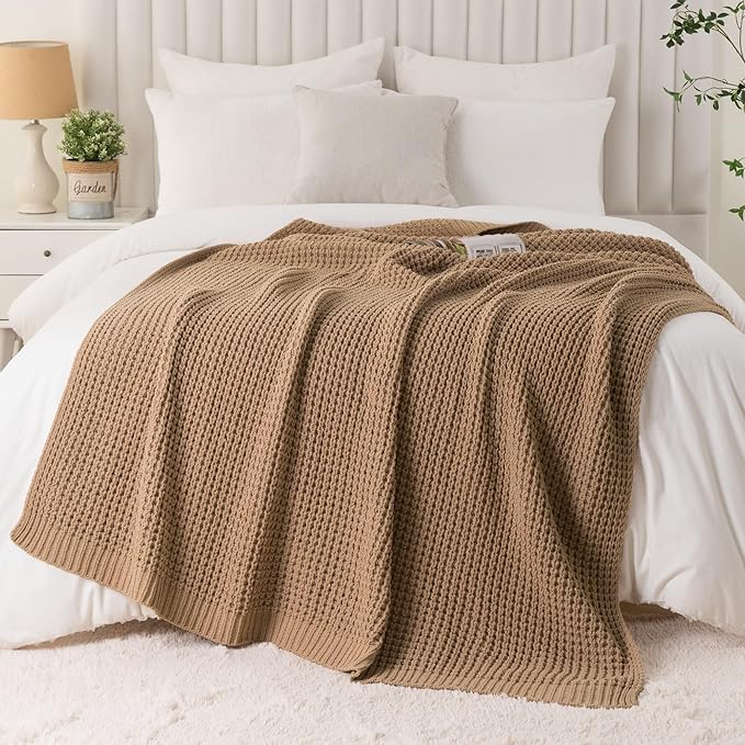 Bunnikins & Clover Beige Throw Blanket for Couch, Knitted Beige Throw for Bed, Neutral Throw Blankets Tan Blanket for Room Decor Housewarming Gifts, 60"x80"
