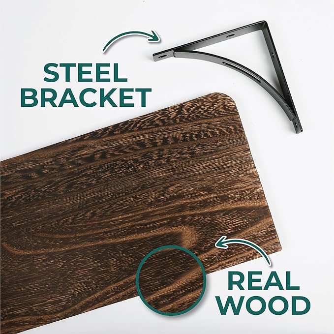 Reinforced Steel Bracket Rustic Brown Shelf - Easy to Install, Template and Video Included - Rustic Shelves for Wall, Bathroom Storage Shelves