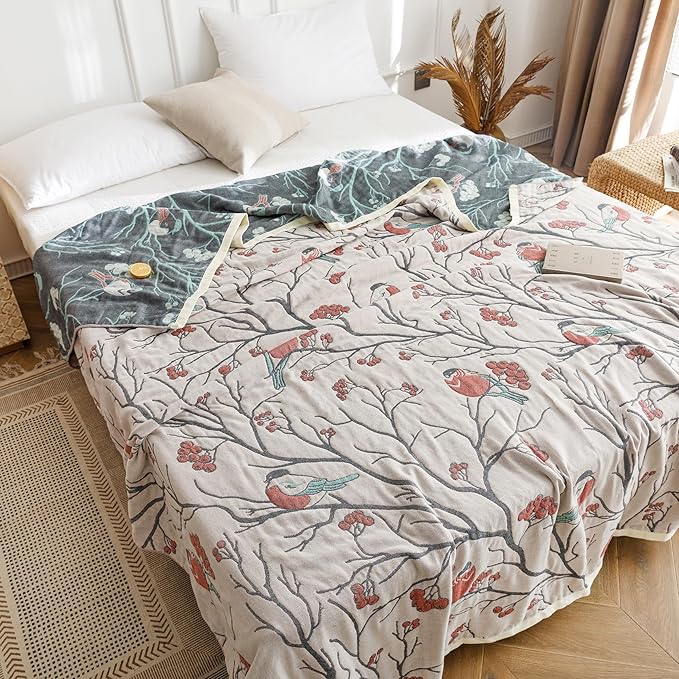 Scientific Sleep Magpie on Hawthorn Tree 100% Cotton Muslin Blanket Throw Cover for Bed Couch Sofa Cozy Soft Reversible Bedding Blanket Bedspread Coverlet Full Queen 80 in x 90 in