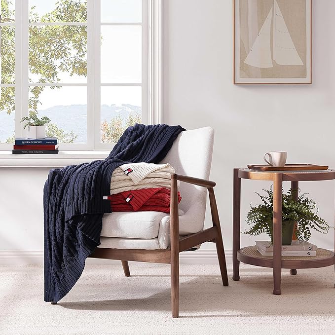 Tommy Hilfiger - Blanket, Ultra-Soft Cable Knit Throw Blanket for Bed or Couch, Lightweight Bedding with a Soft Textured Feel & Iconic Flag Logo (Off-White, 50" x 70")