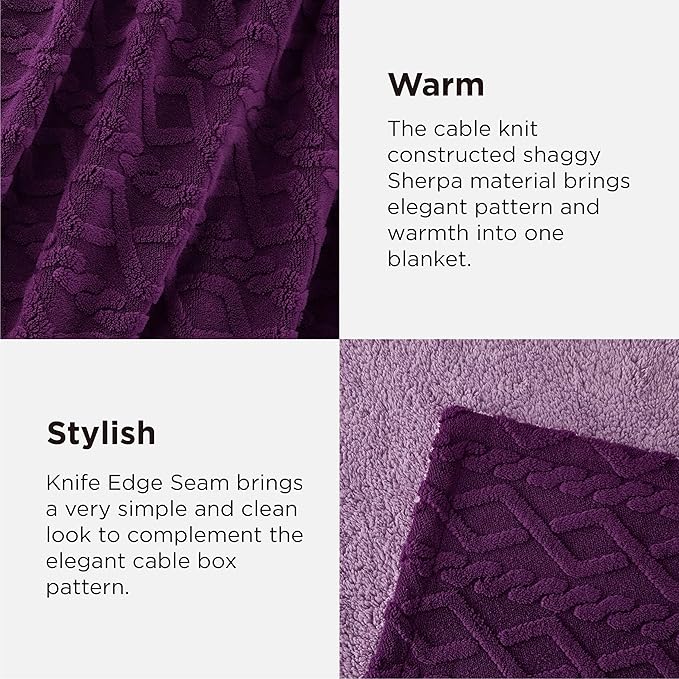 Bedsure Gentlesoft Sherpa Fleece Throw Blanket for Couch - Fluffy & Cozy Cable Jacquard Tufted Throw for Women Gift, Thick and Warm Blankets for Winter, Purple, 50x60 Inches