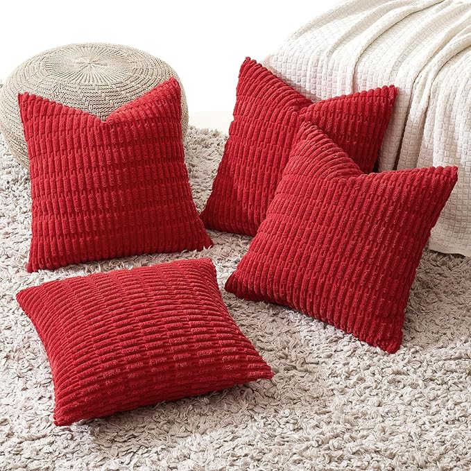 MIULEE Pack of 4 Christmas Red Corduroy Decorative Throw Pillow Covers 20x20 Inch Soft Boho Striped Pillow Covers Modern Farmhouse Home Decor for Sofa Living Room Couch Bed