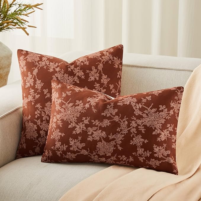 100% Cotton French Pastoral Throw Pillow Covers Set of 2, 16x16 Inch Background/Terracota Farmhouse Decorative Cushion Covers for Sofa Bed Living Room Home Decor