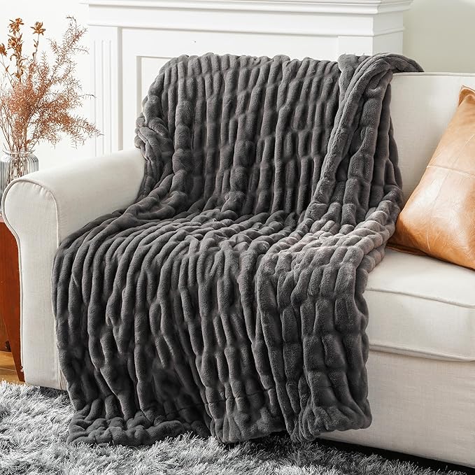 BATTILO HOME Luxury Grey Faux Fur Throw Blanket, Double Side Ruched Rabbit Fur Blanket for Couch, Bed, Cozy Soft Warm Blanket, 60x80 Inches