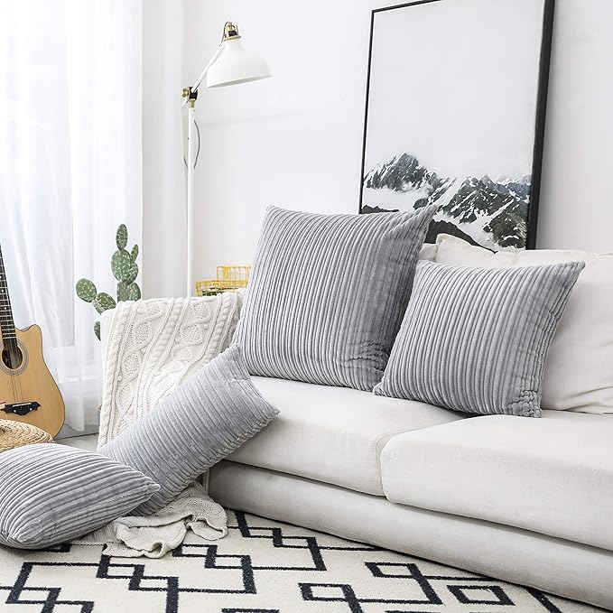 UGASA Velvet Pillow Covers Striped, Decorative Throw Cushion Case with Hidden Zipper for Home Couch/Bedroom/Car, Soft Cozy Solid Square, 1 Pack (20"x20", Light Grey)