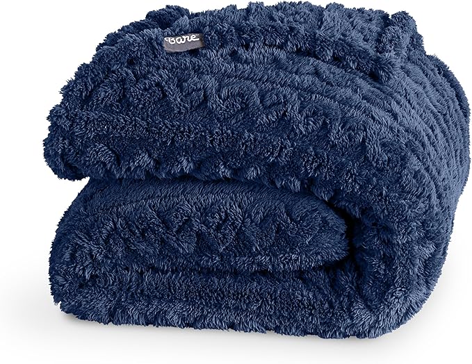 Bare Home Faux Shearling Blanket - Blanket for Bed, Sofa, Couch, Camping, Travel, and Gifts - Warm & Lightweight Throw - Fluffy & Soft (Twin/Twin XL, Cable Dark Blue)