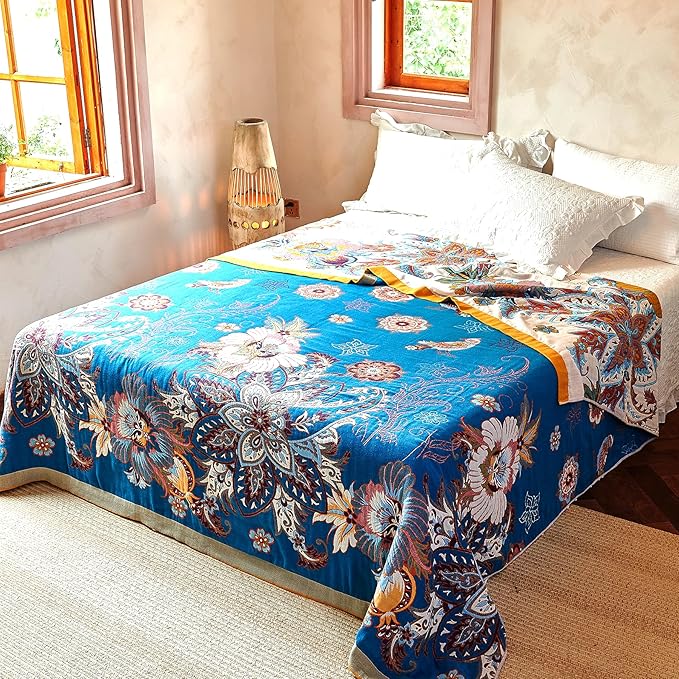 Boho Throw Blanket, 100% Organic Cotton Breathable Skin-Friendly Ultra Soft Bed Quilt Throw - All Season Floral Bird Farmhouse Décor Luxury Blanket for Sofa Couch Chair and Gift. 60" x 80"