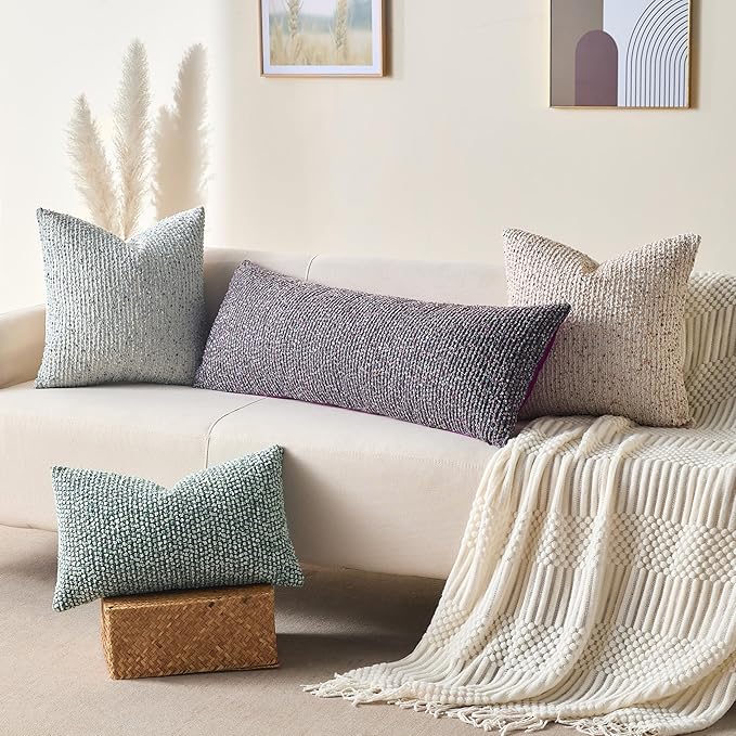 Allorry Decorative Lumbar Pillow Cover 14x36 Purple Striped Wool Long Body Pillow Neutral Textured Boho Lumbar Throw Pillow Cushion Covers for Modern Farmhouse Sofa Bed Living Room Decor SY011-E14