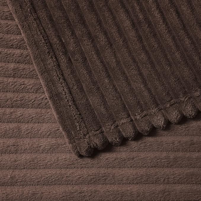 Vessia Flannel Fleece Throw Blanket(50X70 Inch), 300GSM Cozy Brown Stripe Throw for Couch, Sofa and Bed, Warm and Soft Chocolate Microfiber Ribbed Blanket for All Season