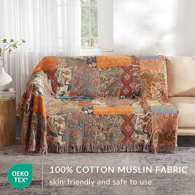 Boho Throw Blanket for Couch Sofa Bed, 100% Cotton Woven Quilt with Tassel 80”x90”, Super Soft Muslin Blanket with Floral Printed, Decorative Reversible Bed Blanket/Cover for All Seasons