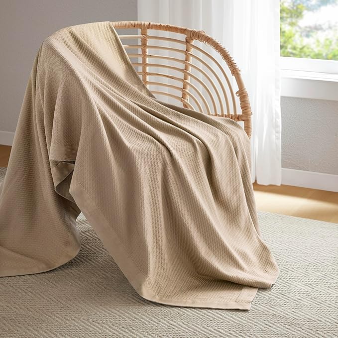 Madison Park 100% Egyptian Cotton Lightweight Summer Blanket, Breathable Waffle Knit Design, Soft Cozy All-Season Throw for Bed, Couch or Sofa, Khaki Twin Size (66"x90")