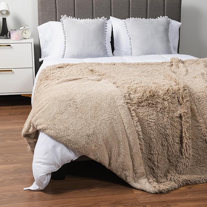 Pavilia Taupe Tan Fluffy Throw Blanket for Couch & Bed, Fuzzy Plush Warm Blanket, Super Soft Thick Faux Fur Sherpa, 60x80