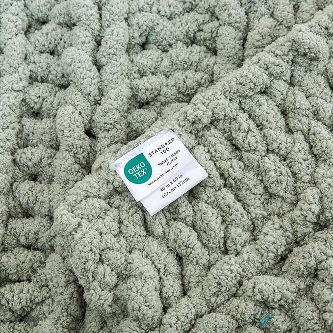 WESHIONGOO Chunky Knit Blanket Throw 40"×60" Knitted Throw Blankets for Couch Bed Fluffy Soft Blanket with Jumbo Chenille Yarn Thick 100% Handmade(Sage Green, Medium Size Throw)