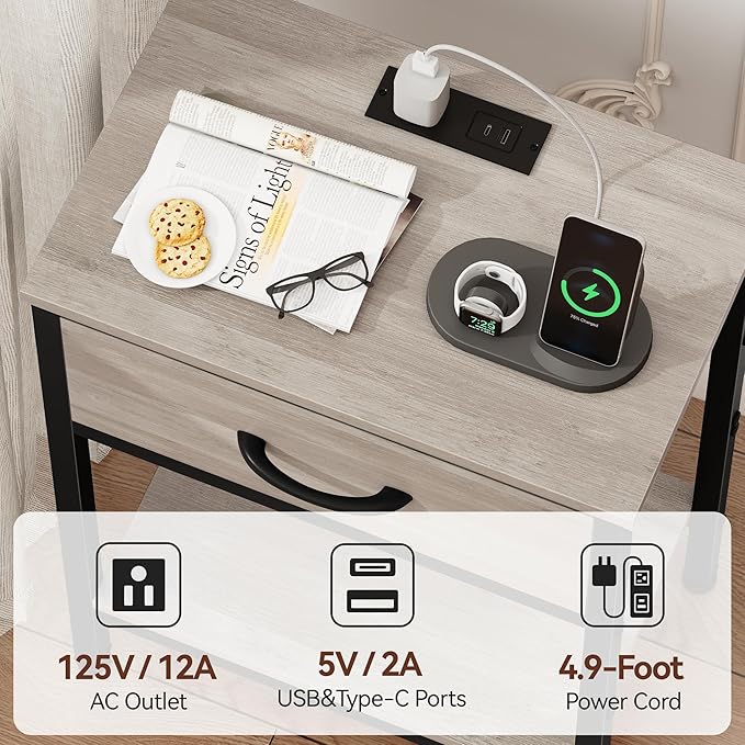 Vagusicc Nightstand with Charging Station, End Table with Fabric Drawer, Small Side Table with 2-Tier Storage Shelves, 25.4" Tall Night Stand, Bedside Table for Bedroom, Living Room, Dorm, Greige