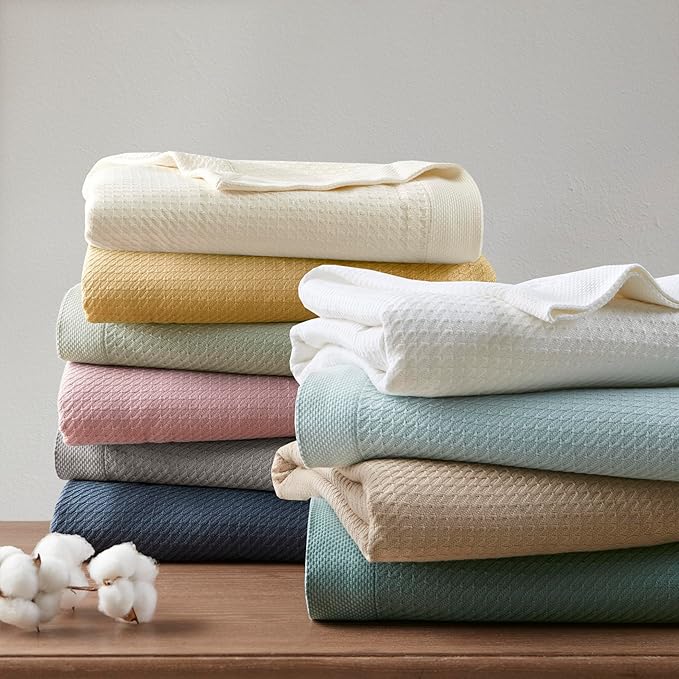 Madison Park 100% Egyptian Cotton Lightweight Summer Blanket, Breathable Waffle Knit Design, Soft Cozy All-Season Throw for Bed, Couch or Sofa, Teal Full/Queen Size (90"x90")
