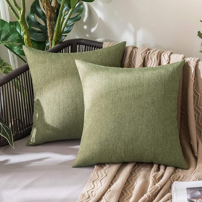 MIULEE Pack of 2 Decorative Outdoor Solid Waterproof Throw Pillow Covers Faux Linen Garden Farmhouse Cushion Cases for Patio Tent Balcony Couch Sofa 20x20 Inch Dark Green