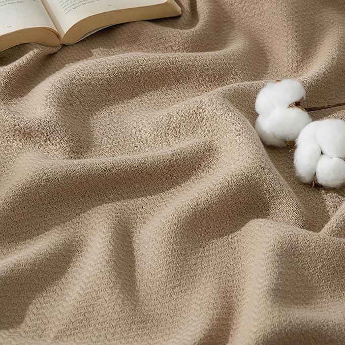 Bedsure GentleSoft 100% Cotton Blanket King Size for Bed - Breathable and Lightweight, Soft Cozy Textured Herringbone Woven Blanket for Summer, Light Brown, 108x90 inches