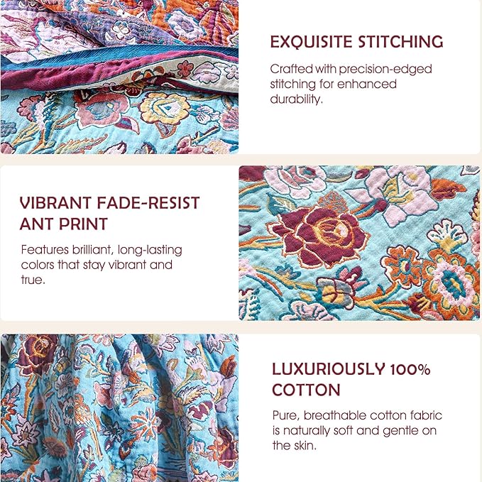 Boho Throw Blanket - 100% Cotton Ultra Soft Muslin Blanket, 60"x80" Lightweight Framhouse Bedding Spring Blanket for Bed, All Season Blue and Purple Floral Bohemian Bedroom Home Decor Quilt