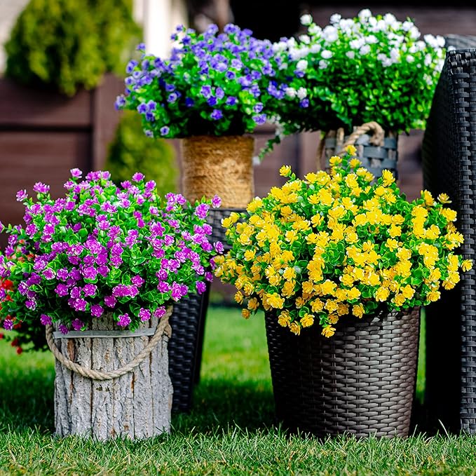 Artificial Flowers Outdoor Fake Plants - 12 Bundles UV Resistant No Fade Faux Plastic Greenery Boxwood Shrubs Home Garden Porch Patio Decoration (Yellow)