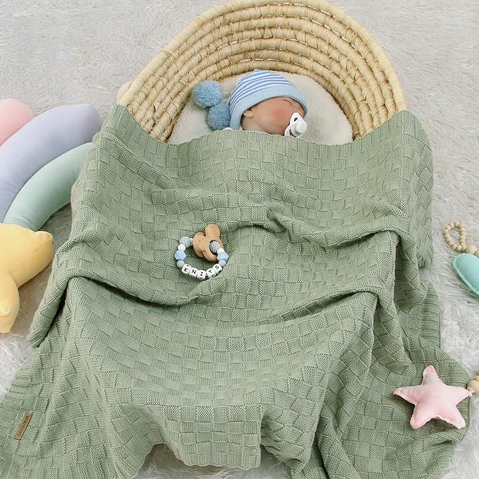 LAWKUL Baby Blankets for Boys Cable Knitted Baby Blanket Girl Soft Newborn Receiving Swaddle Stroller Crib Sage Green 40"x30"
