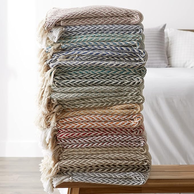 DII Modern Zig Zag Throw Blanket Woven Cotton, Hand-Knotted 2.5" Fringe, 50x60, Teal