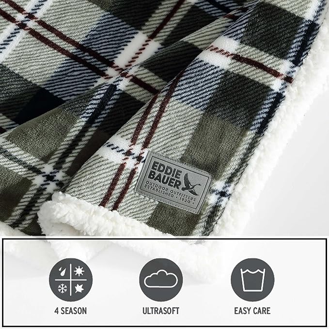 Eddie Bauer - Throw Blanket, Ultra-Soft Plush Bedding with Faux Shearling Reverse, Throw Blanket for Couch & Bed (Trailhead Plaid Green, 50" x 60")