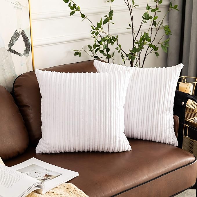 UGASA Pack of 2, Velvet Pillow Covers Striped, Decorative Throw Cushion Case with Hidden Zipper for Home Couch/Bedroom/Car, Soft Cozy Solid Square (20"x20", Pure White)