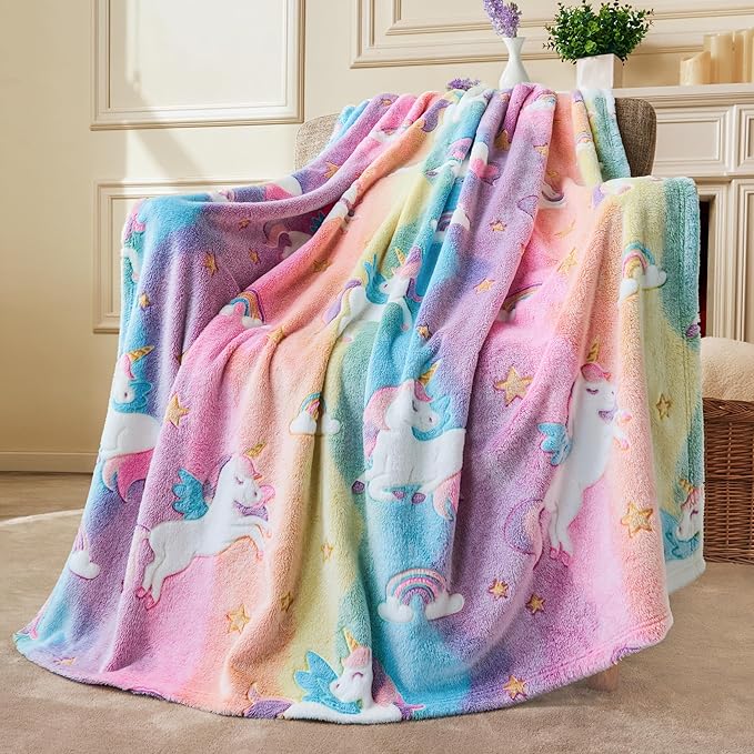 Joiedomi Glow in The Dark Blanket Unicorn Toys for Girls Age 2 3 4 5 6 7 8 9 10 11 12 Year Old Girl Gifts, Soft Cozy Flannel Kids Throw Blanket, Birthday Bedroom Decor 40"×60"
